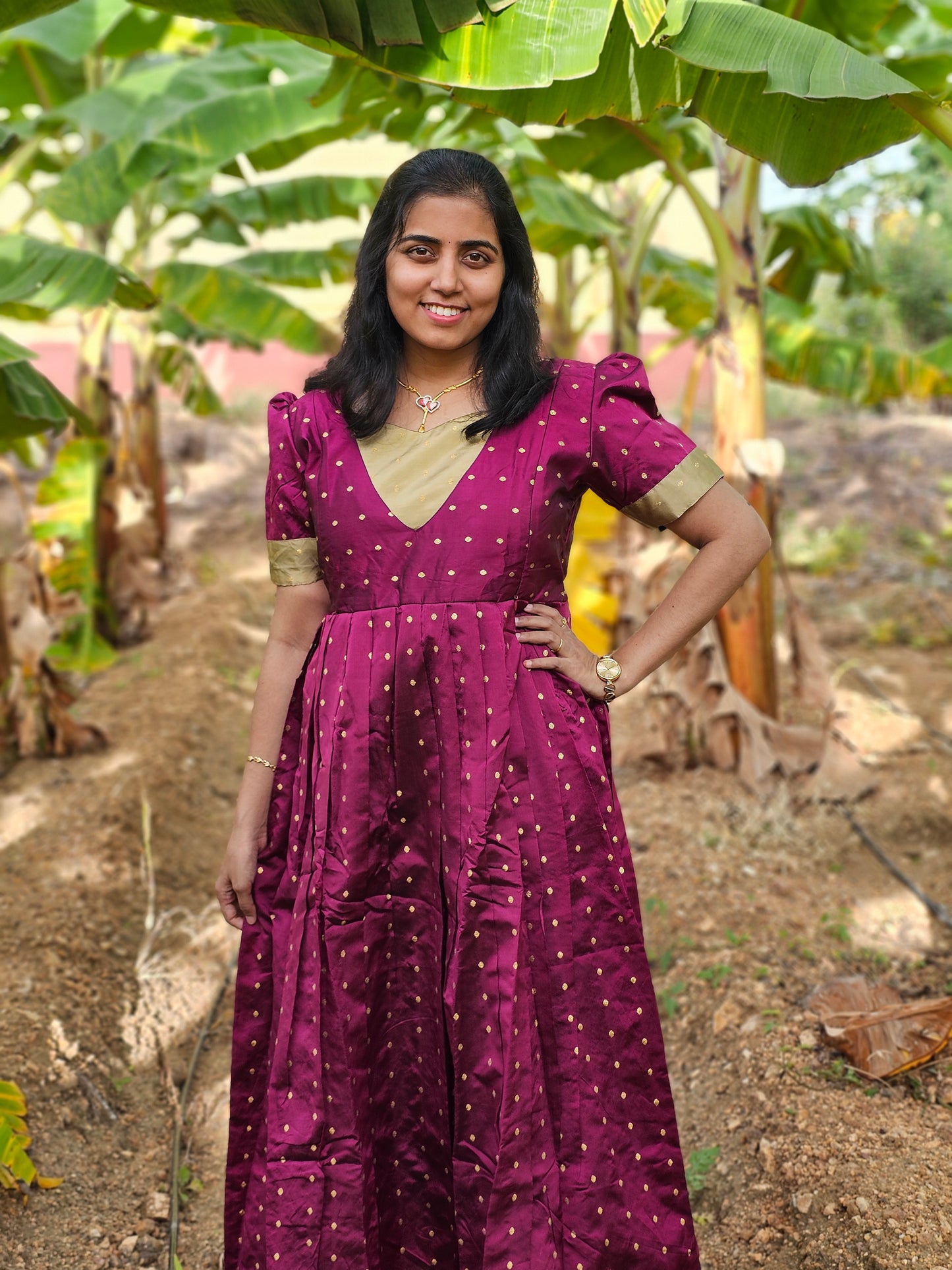 Wine and Gold - Ethnic Maternity Full-Length Maxi with Feeding Zip