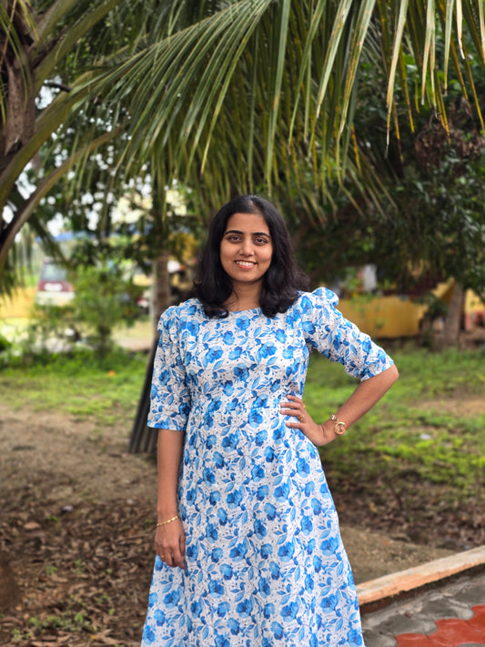 Blue Floral Cotton Hakoba Feeding Maxi with Zip and Full Lining