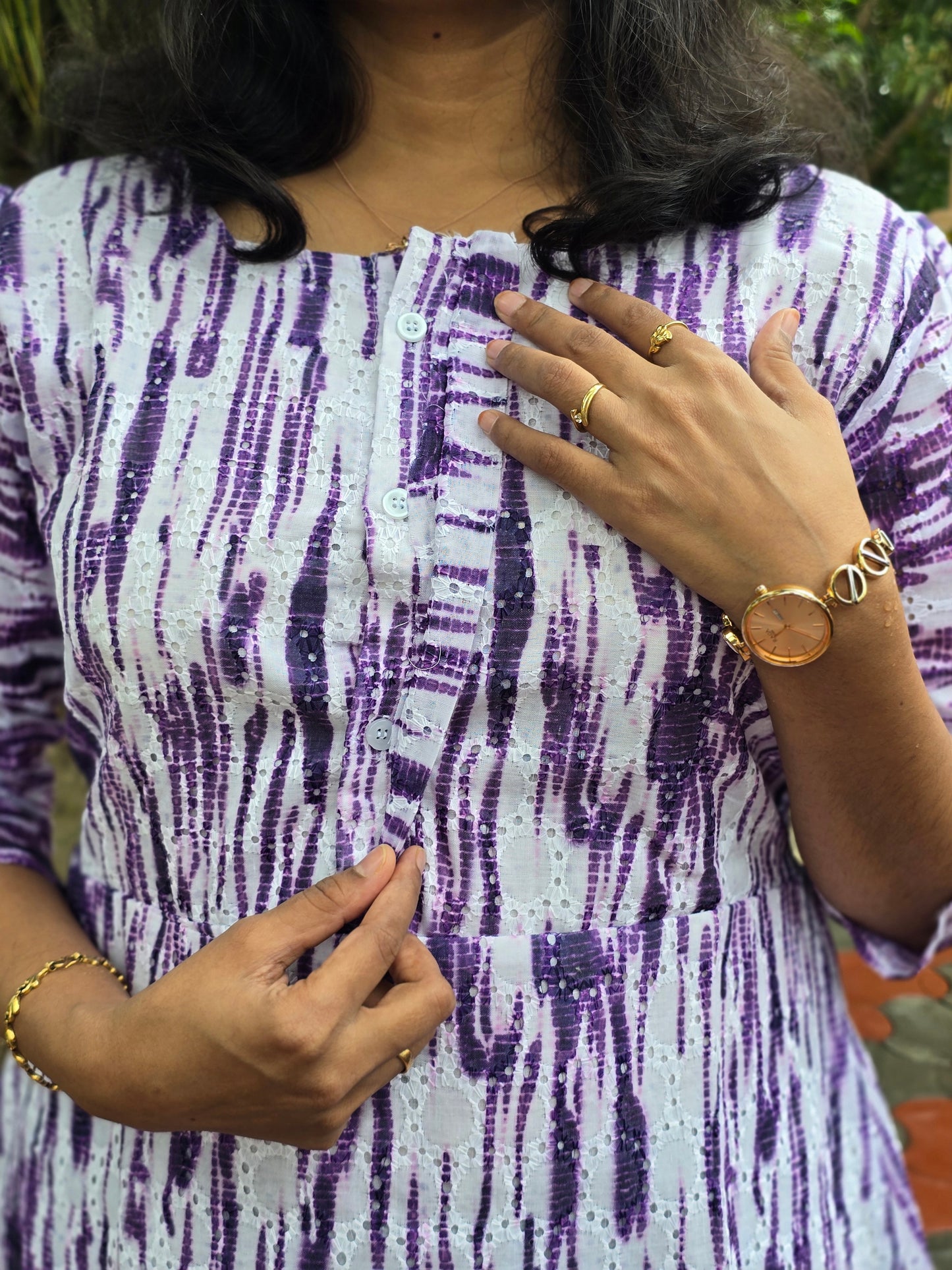 Violet Ikkat Cotton Hakoba Feeding Maxi Center Button and Full Lining