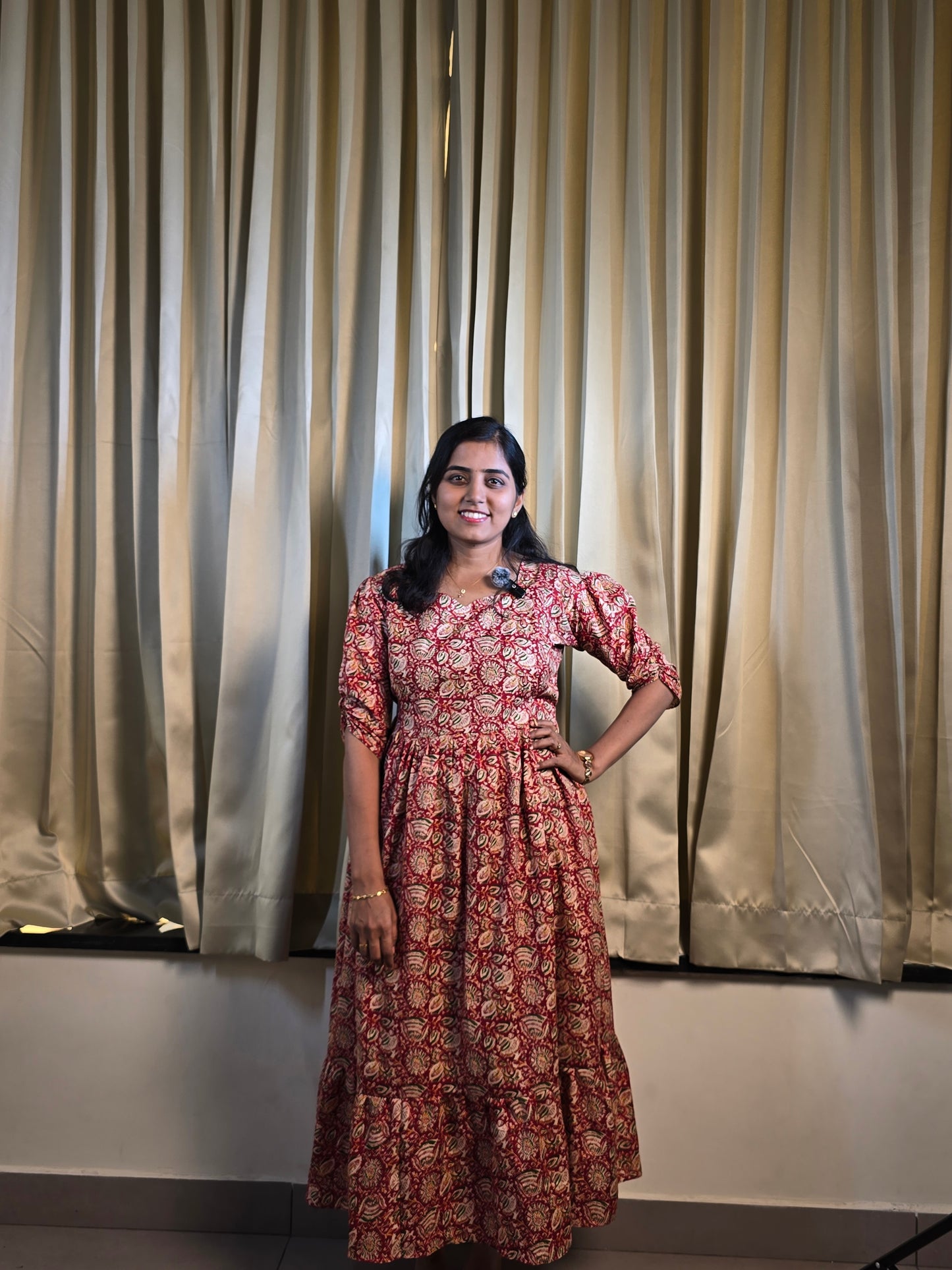 Red green Kalamkari Cotton Feeding Maxi with Zip