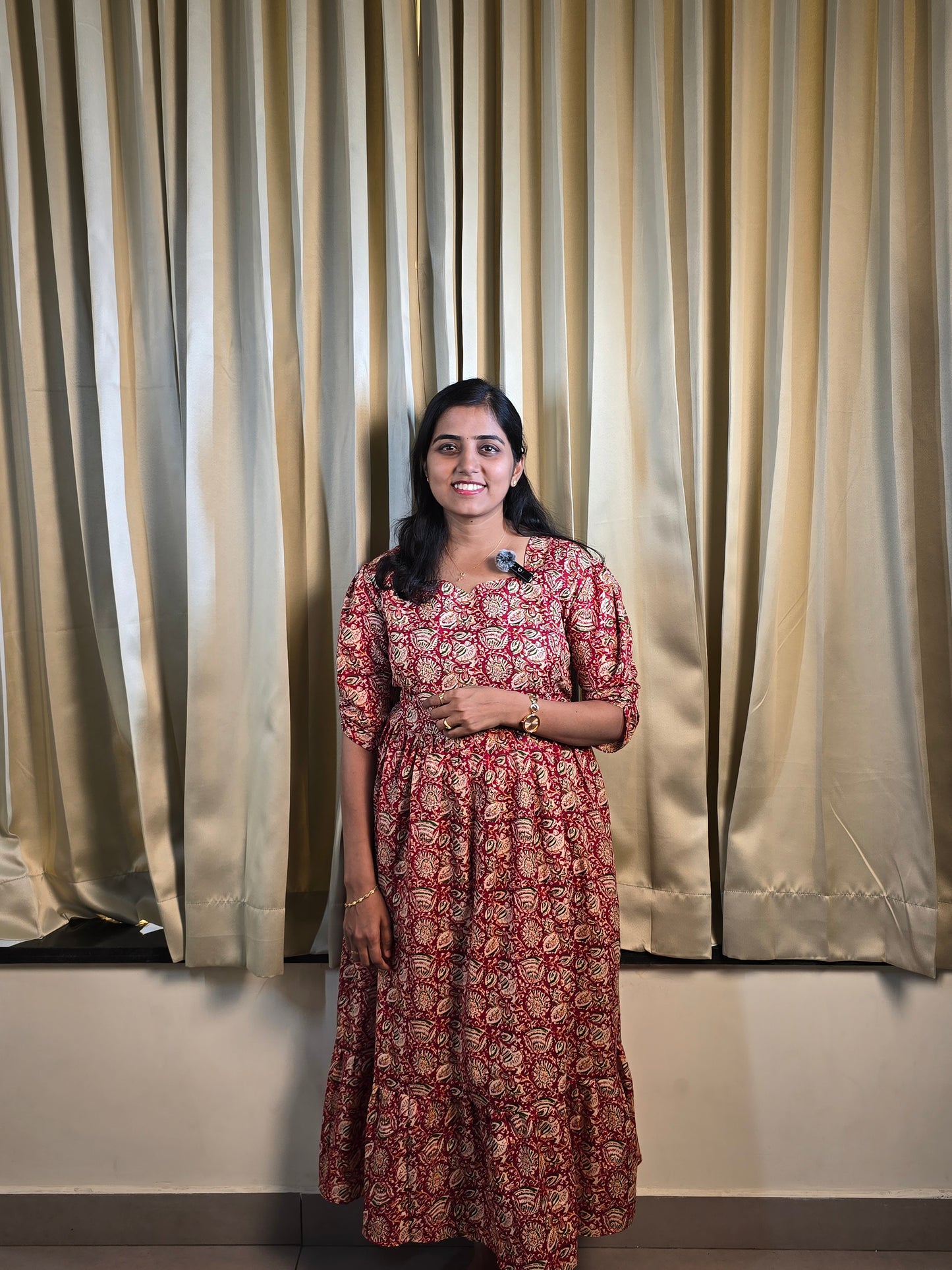 Red green Kalamkari Cotton Feeding Maxi with Zip