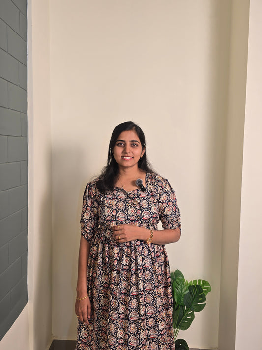 Blue Kalamkari Cotton Feeding Maxi with Zip