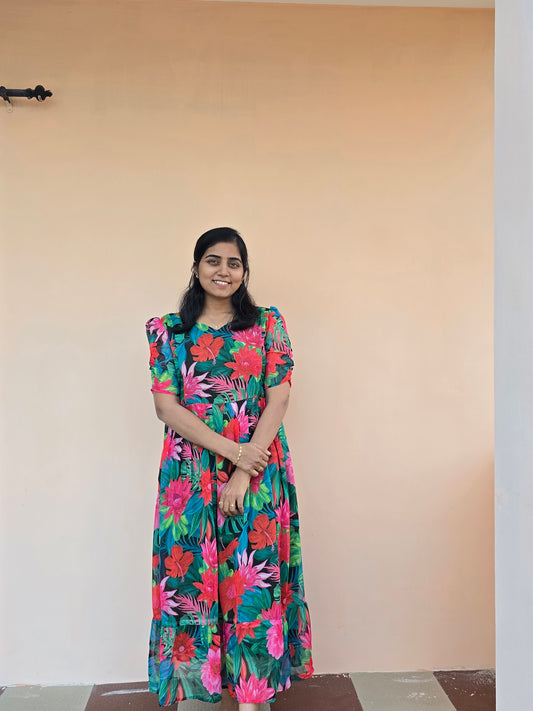 Green and Pink Hibiscus Chiffon Feeding Maxi with Zip