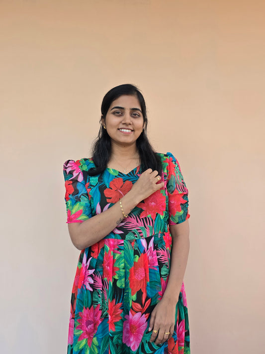 Green and Pink Hibiscus Chiffon Feeding Maxi with Zip