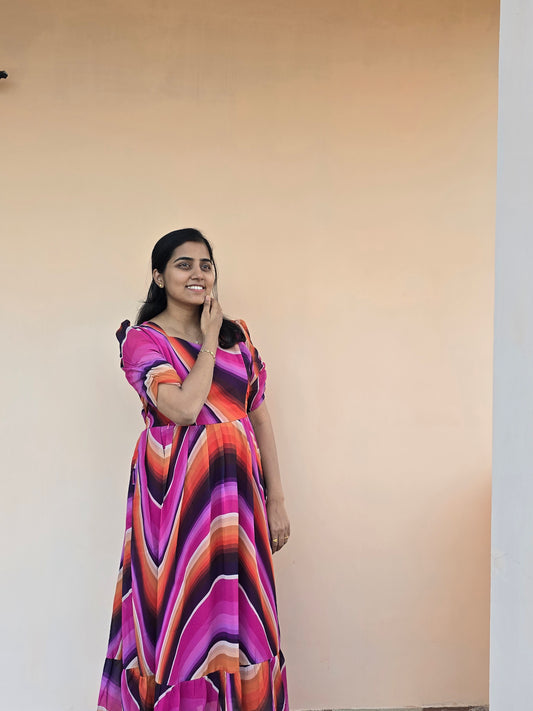 Pink Waves Georgette Digital print Feeding Maxi with Zip