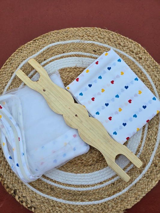 Combo of Pure Cotton Sleep Safe Thottil with Net and Separator Stick - Heart