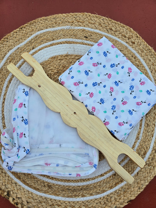 Combo of Pure Cotton Sleep Safe Thottil with Net with Separator Stick - Blue Pink Flower