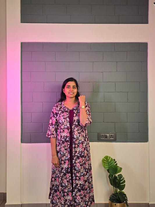 Wine floral Coat Feeding Maxi with Zip