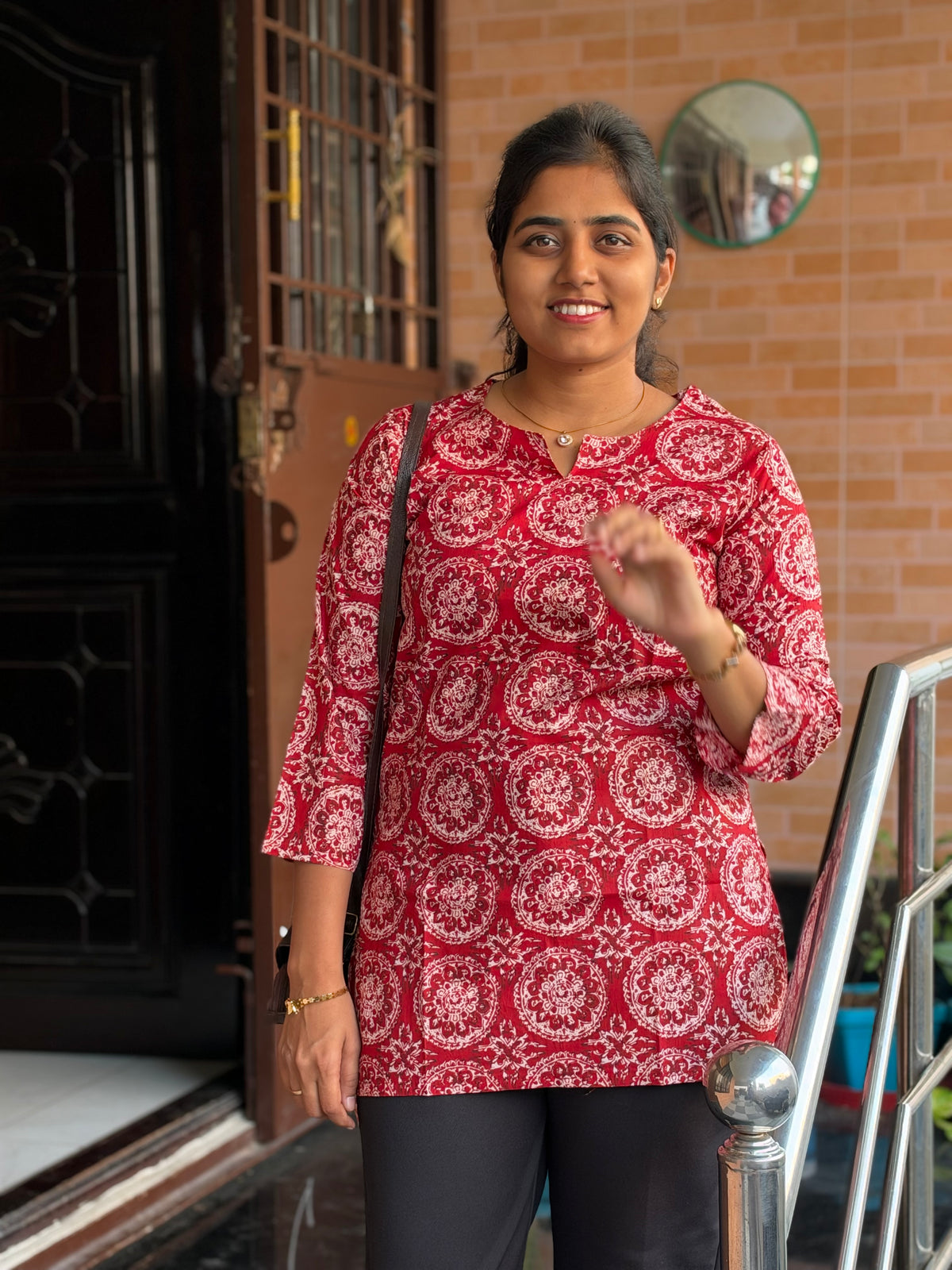 Red & Black Mandal print Short Top