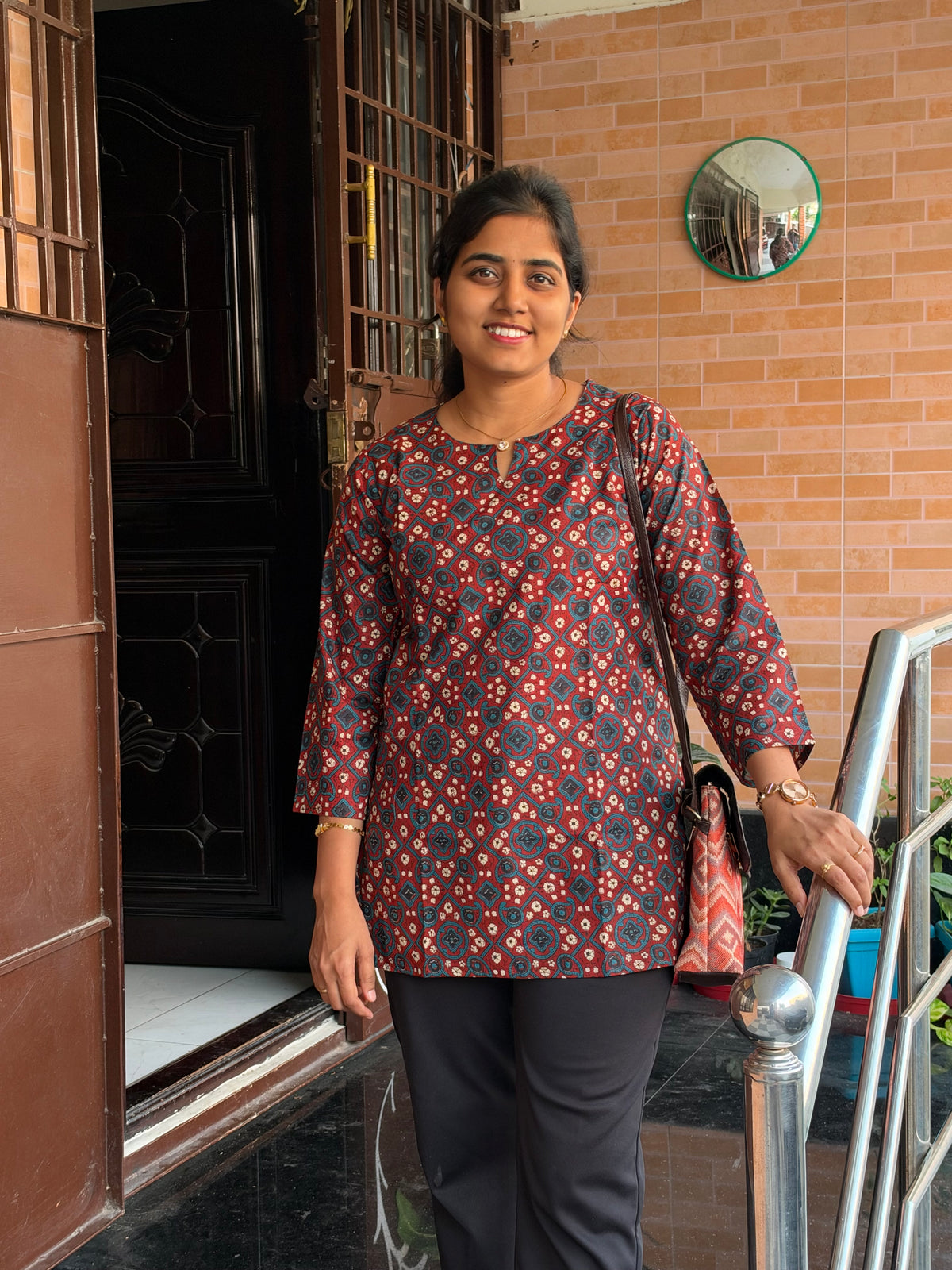 Maroon & blue Ajrakh block print Short Top
