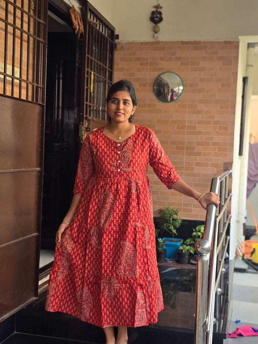 Red traditional Center button frock style Maxi