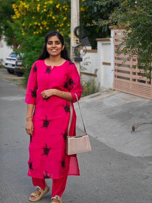Rani Pink with Black embroidery Kurti Set with Lining