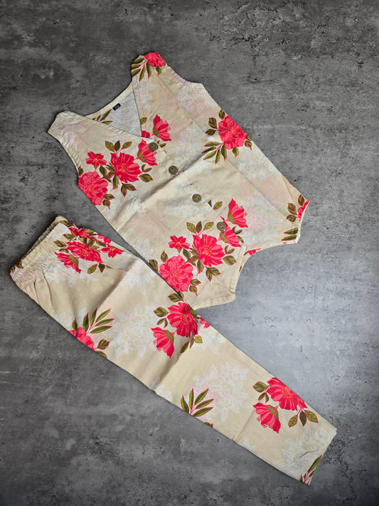 Sandal Pink Flowers Cotton coord set