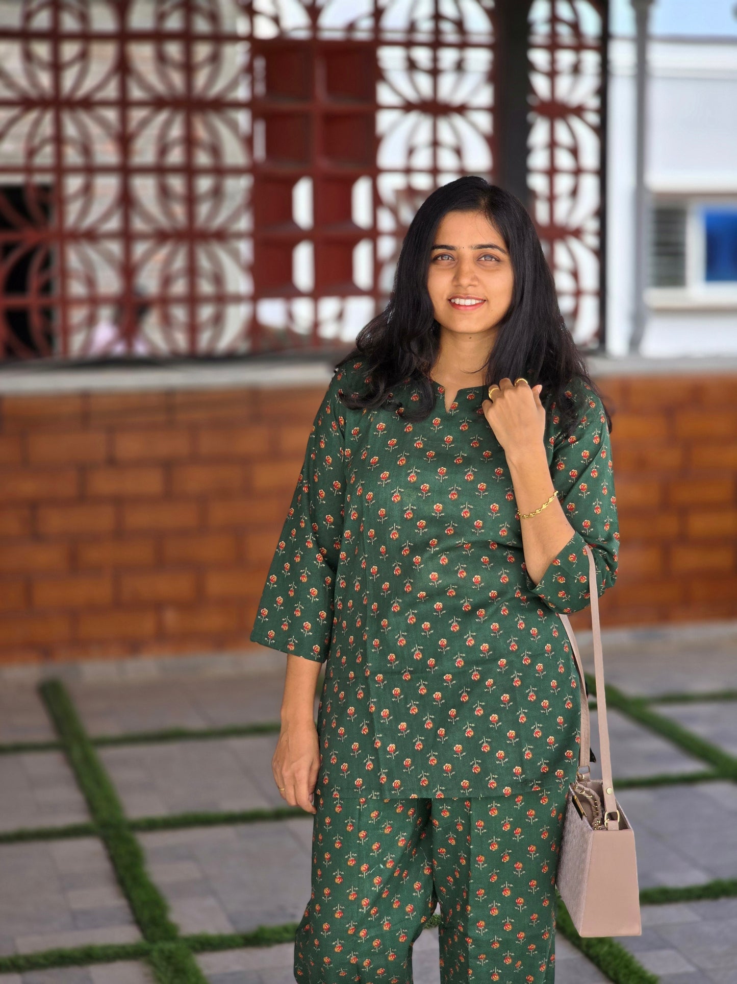 Dark Green with Red flowers coord set