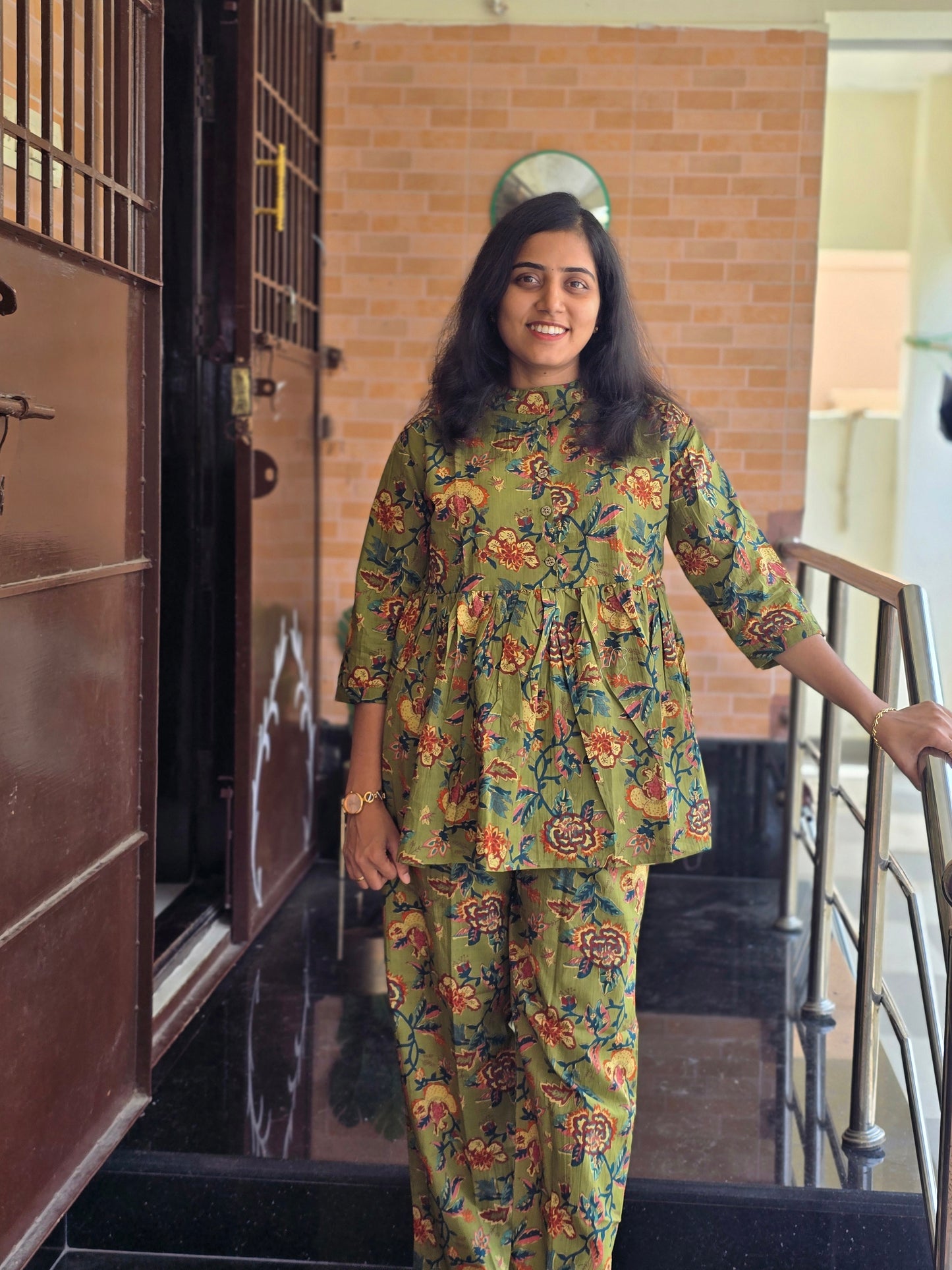 Green orange flowers Peplum coord set