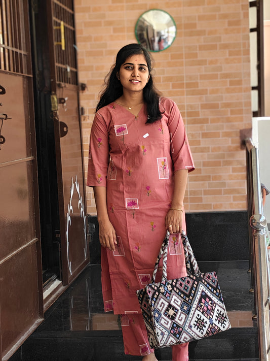 Peach Lotus print cotton Kurti Set with Lining