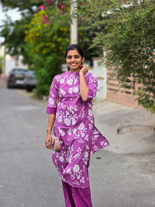 Lavender white floral designs kurti set