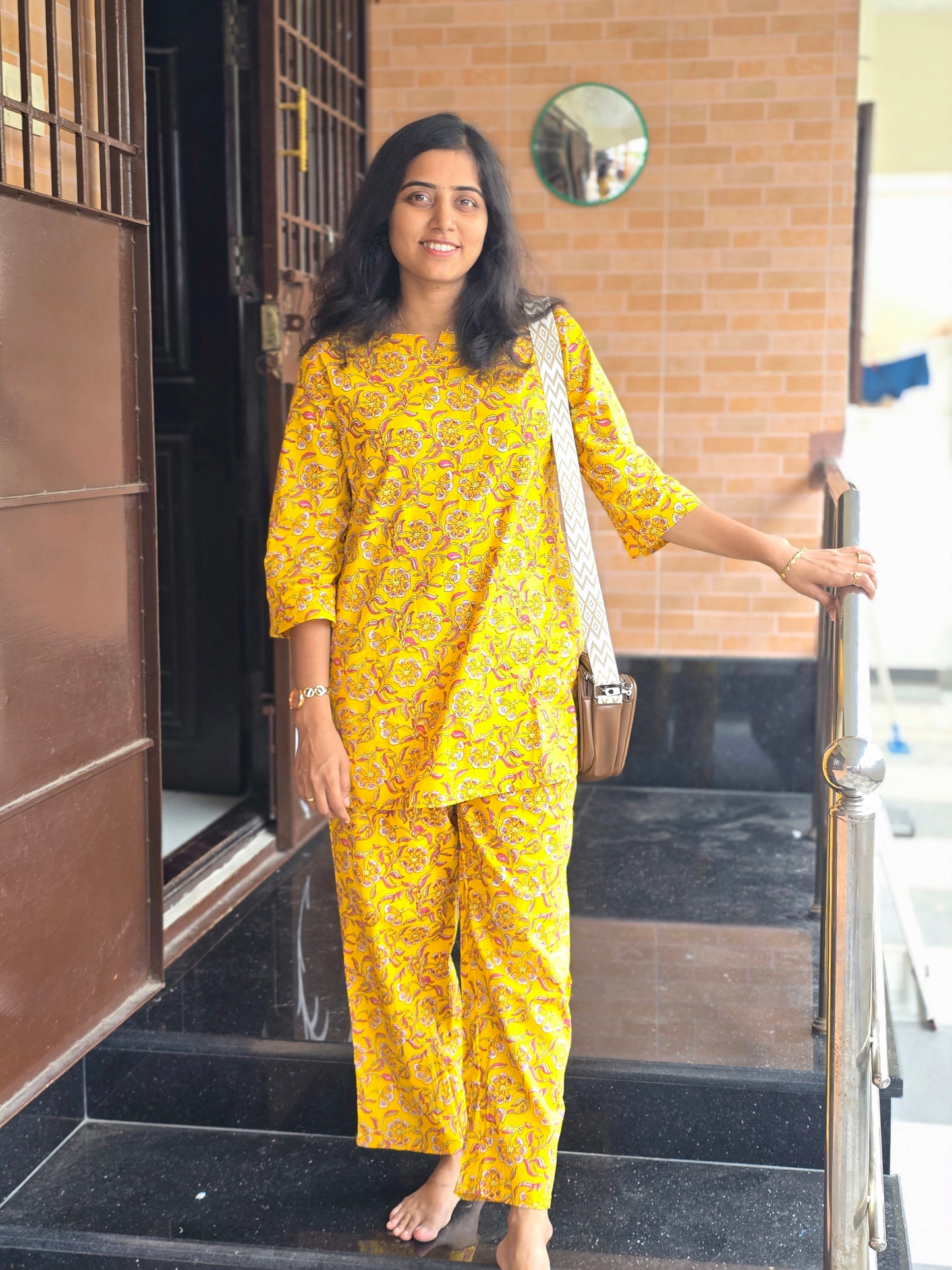 Yellow flower leaves Cotton coord set