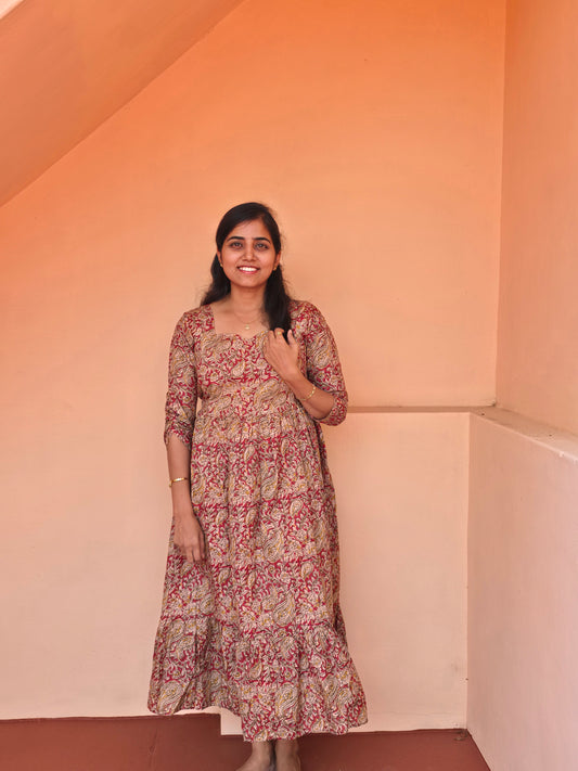 Red Kalamkari Cotton Feeding Maxi with Zip