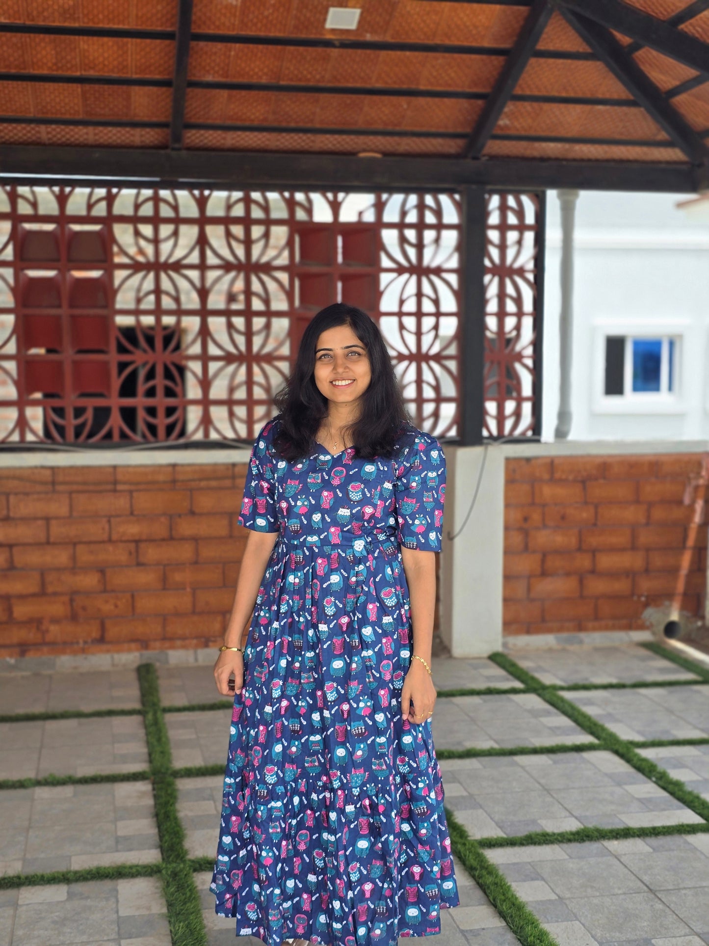 Blue owl print Cotton Feeding Maxi
