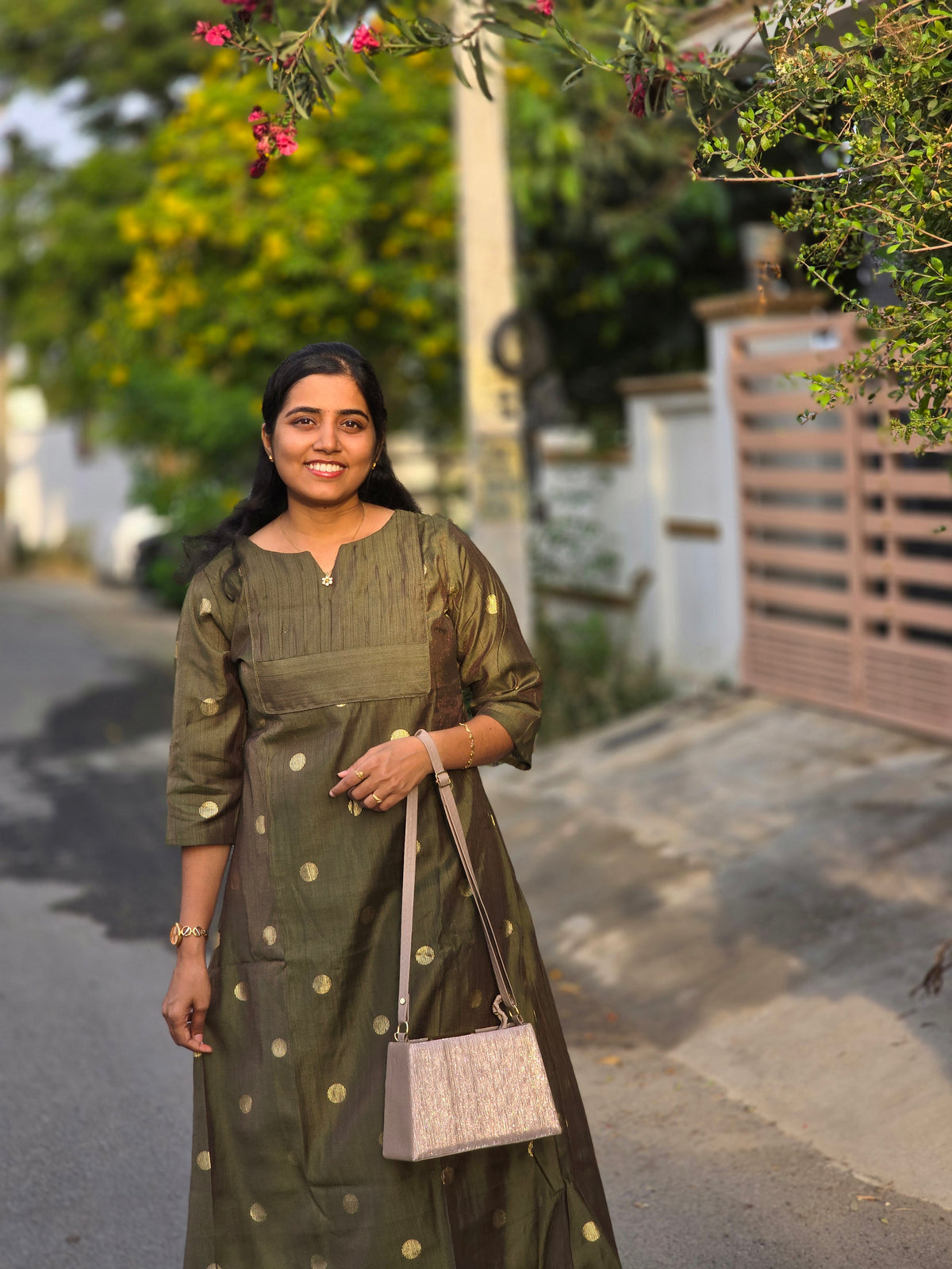 Olive green A- line Butta with lining kurti set