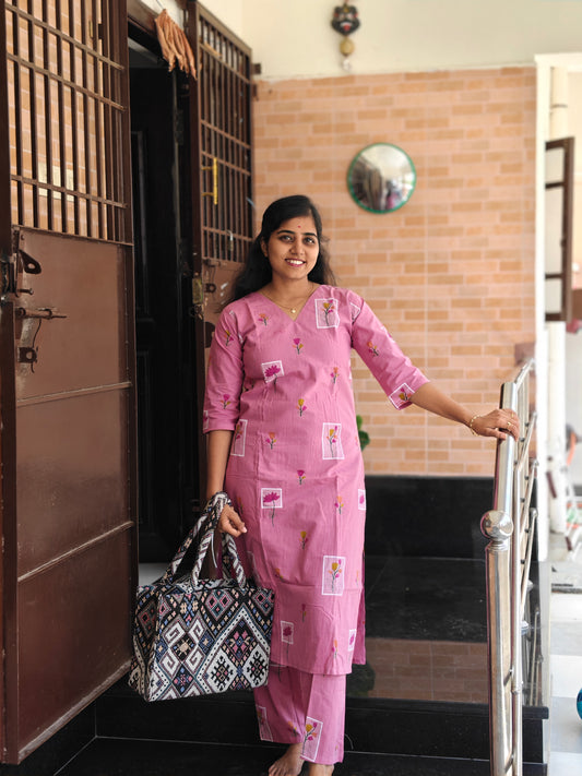 Babypink Lotus print cotton Kurti Set with Lining