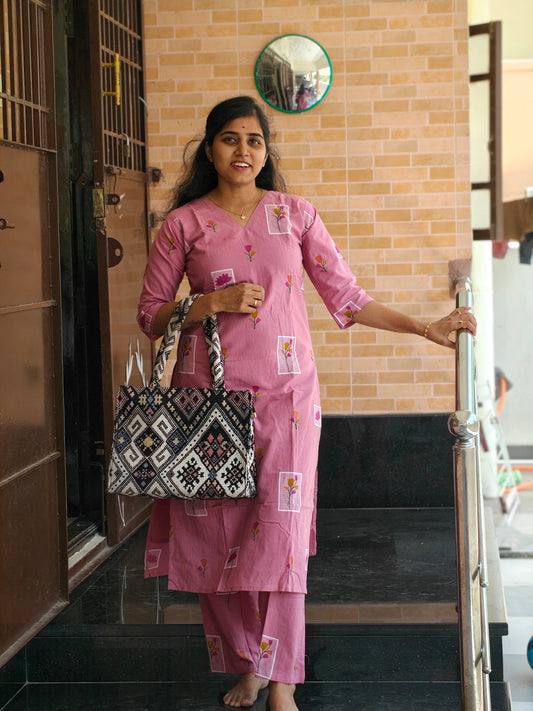 Babypink Lotus print cotton Kurti Set with Lining