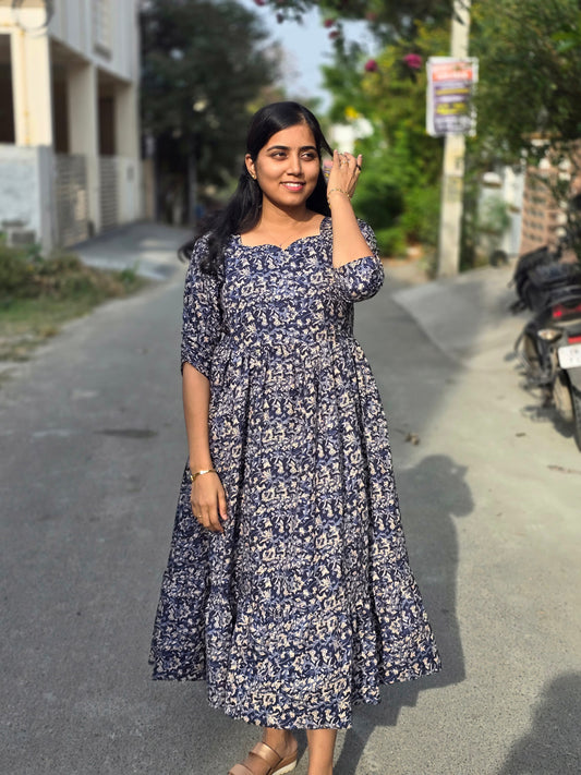 Blue Full Kalamkari Cotton Feeding Maxi