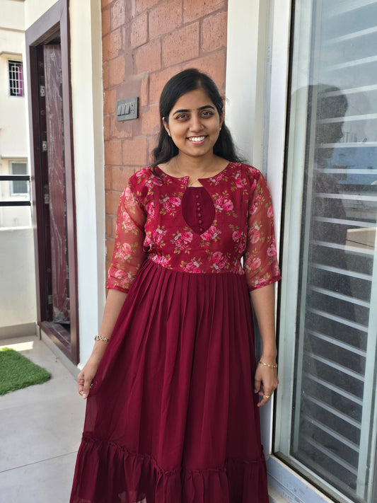 Brick Red Floral Organza