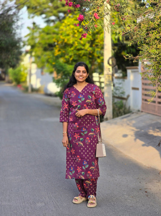 Deep Puple Flowers Kurti Set with Lining