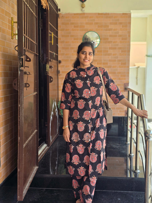 Black orange flowers kurti set