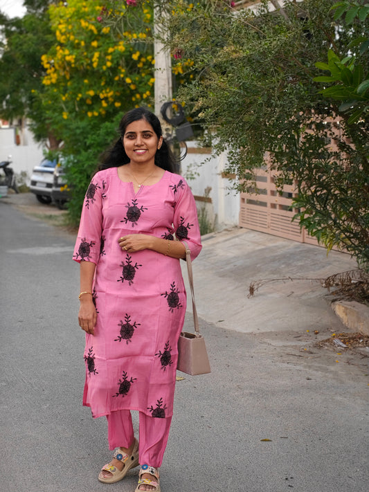 Baby pink with Black embroidery Kurti Set with Lining