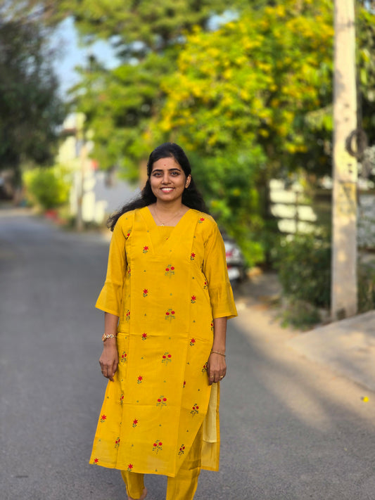 Yellow Mul Chanderi V neck kurti set
