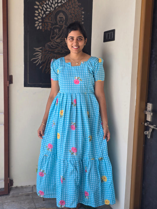 Aqua Blue floral checked Cotton Feeding Maxi