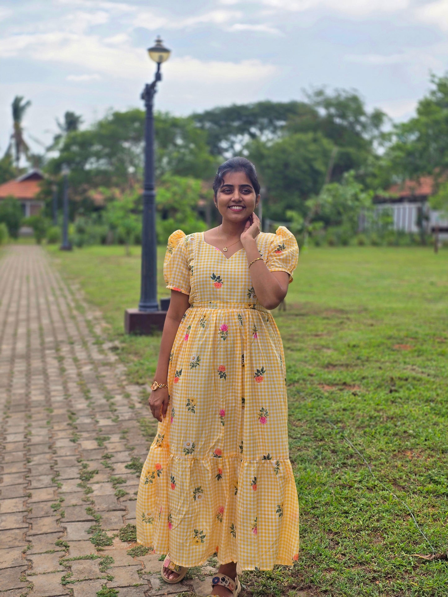 Yellow floral checked Cotton Maxi