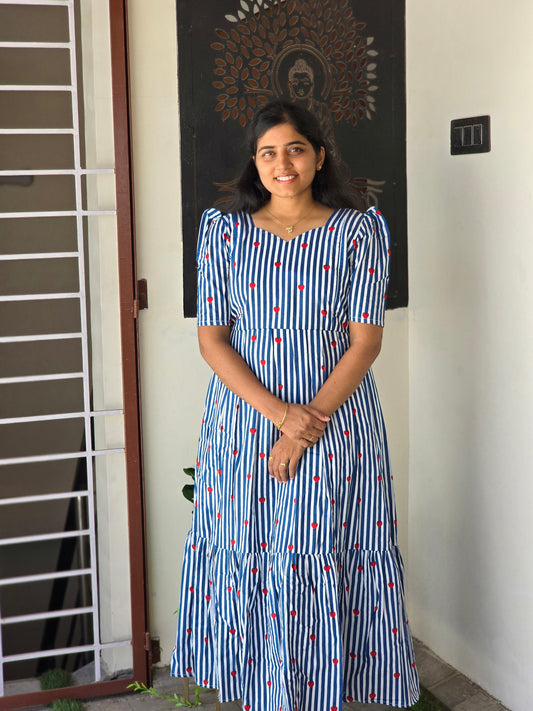 Blue - white striped red heart printed non Feeding Maxi
