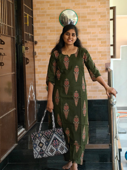 Olive green Jaipur cotton Kurti Set with Lining