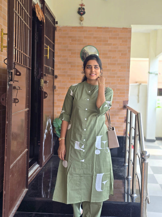Green white kurti set