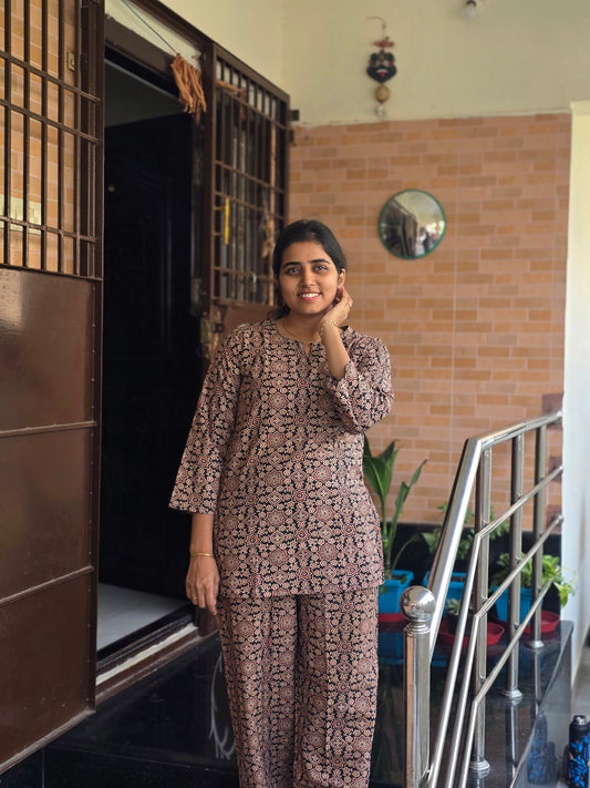 Black & maroon Ajrakh print Coord set