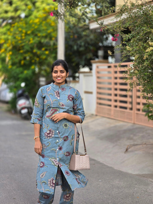 Soft Blue bold botanical design kurti set