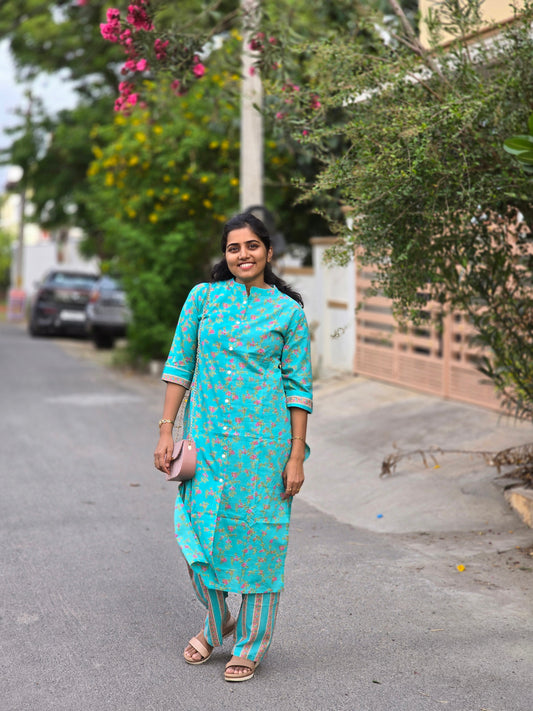 Aqua blue floral kurti set