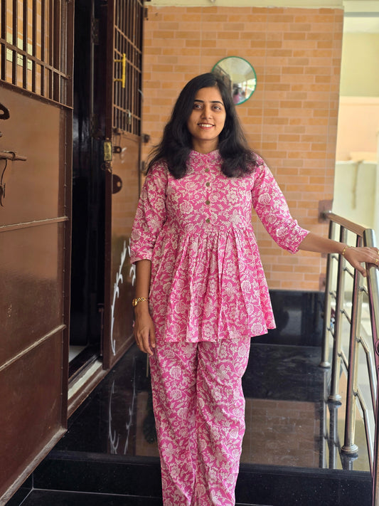 Pink White florals Peplum coord set