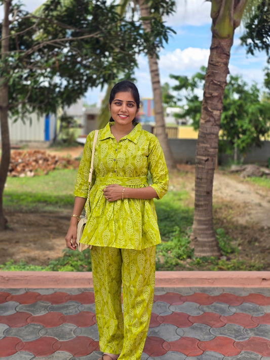 Lime yellow leaves Peplum coord set
