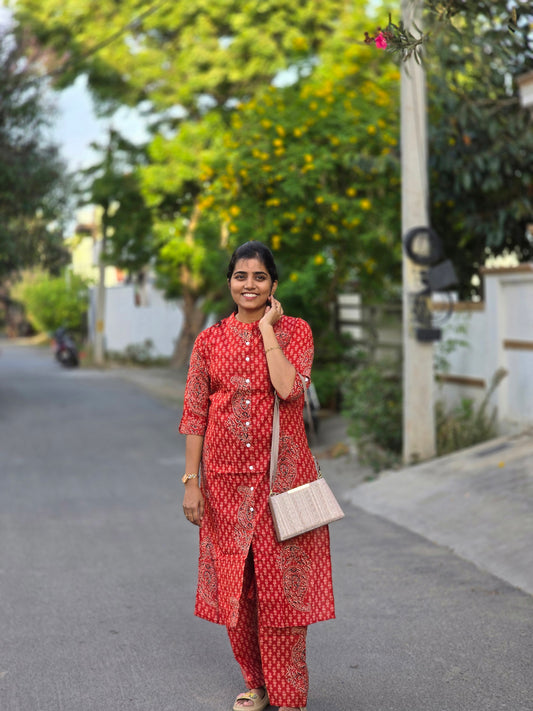 Red traditional floral motifs kurti set