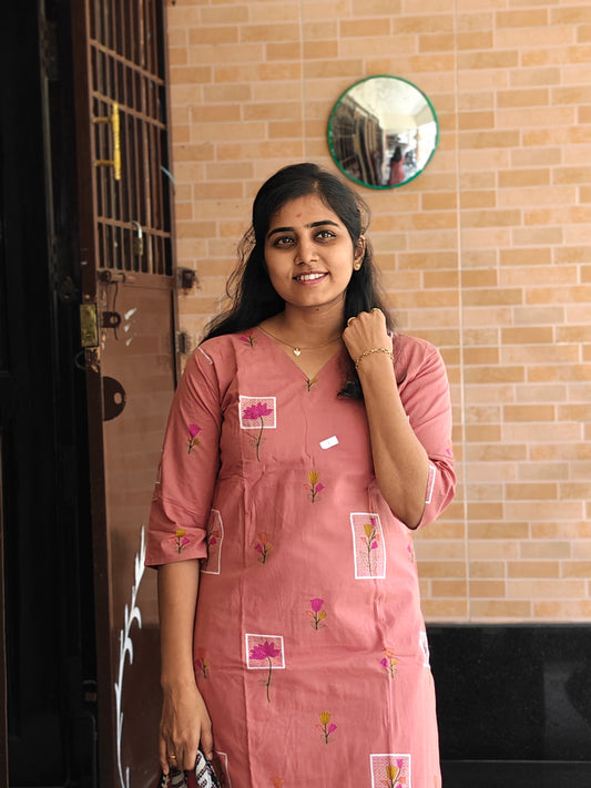 Peach Lotus print cotton Kurti Set with Lining