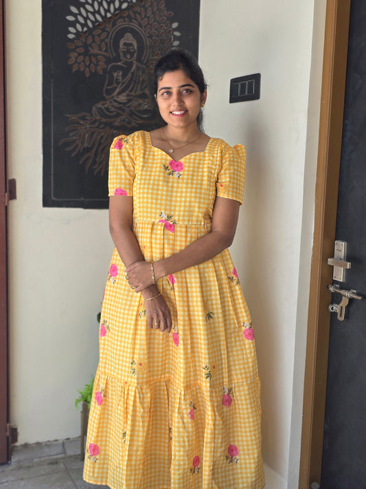 Yellow floral checked Feeding Cotton Maxi