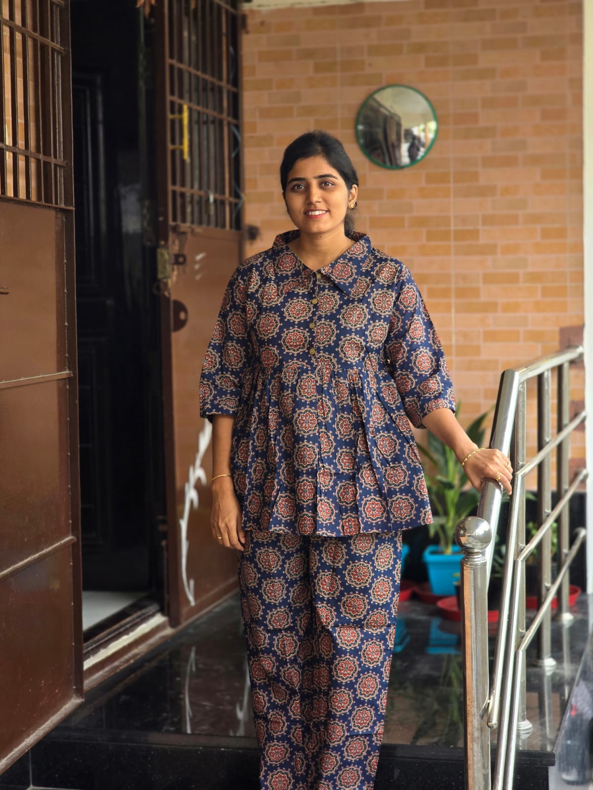 Dark blue & brown Mandal motifs Peplum Coord set