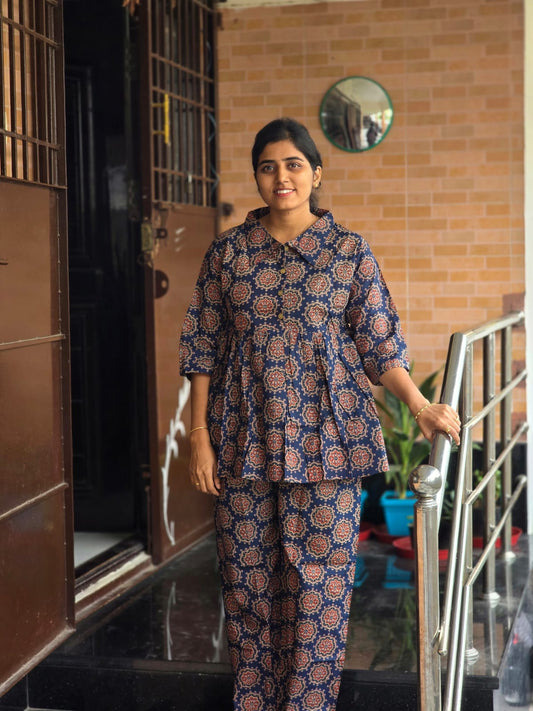 Dark blue & brown Mandal motifs Peplum Coord set