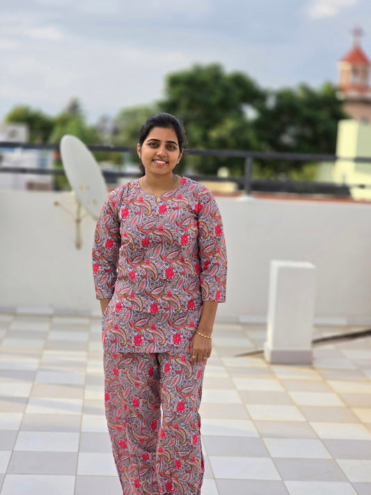 Grey pink kalamkari print Coord set
