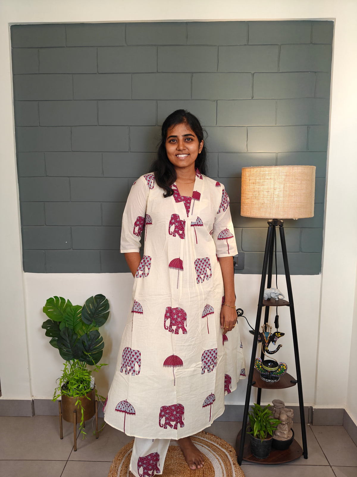 Maroon Elephant & Umbrella printed Kurti Set with Lining